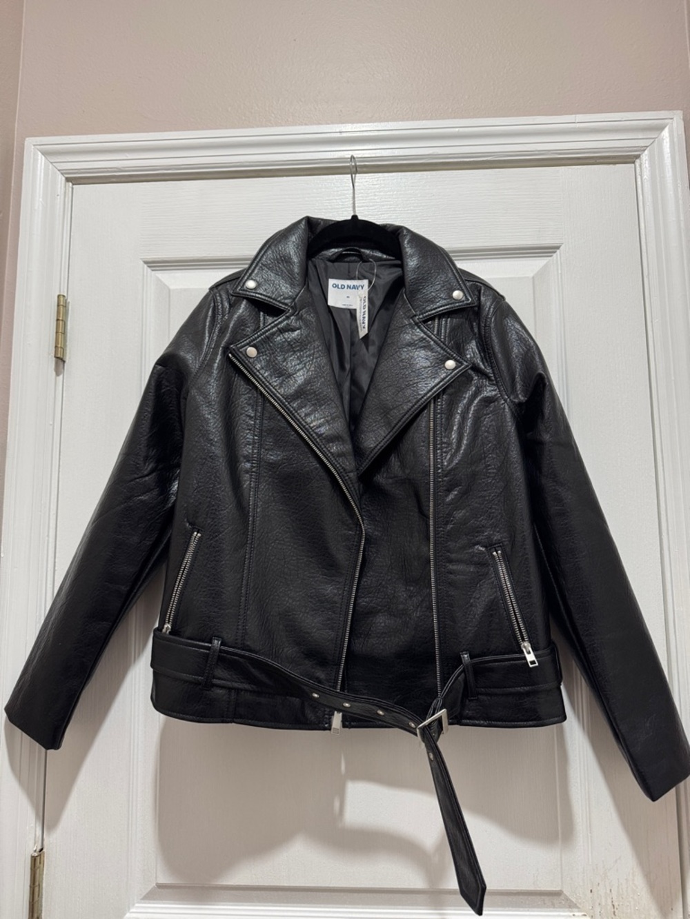 Old Navy Black Faux Leather Moto Jacket with Belt